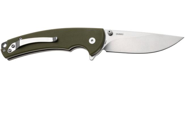 Afbeelding voor Ontario PFC01 ON9003 Stonewashed 420J2, OD Green G10, Button Lock, zakmes