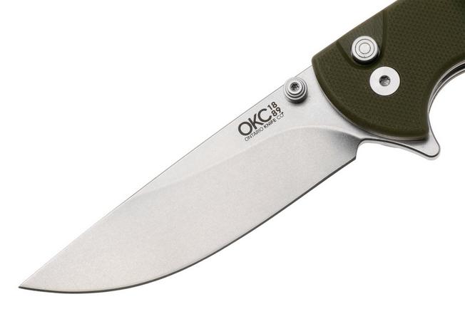 Afbeelding voor Ontario PFC01 ON9003 Stonewashed 420J2, OD Green G10, Button Lock, zakmes