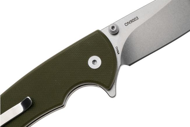 Afbeelding voor Ontario PFC01 ON9003 Stonewashed 420J2, OD Green G10, Button Lock, zakmes