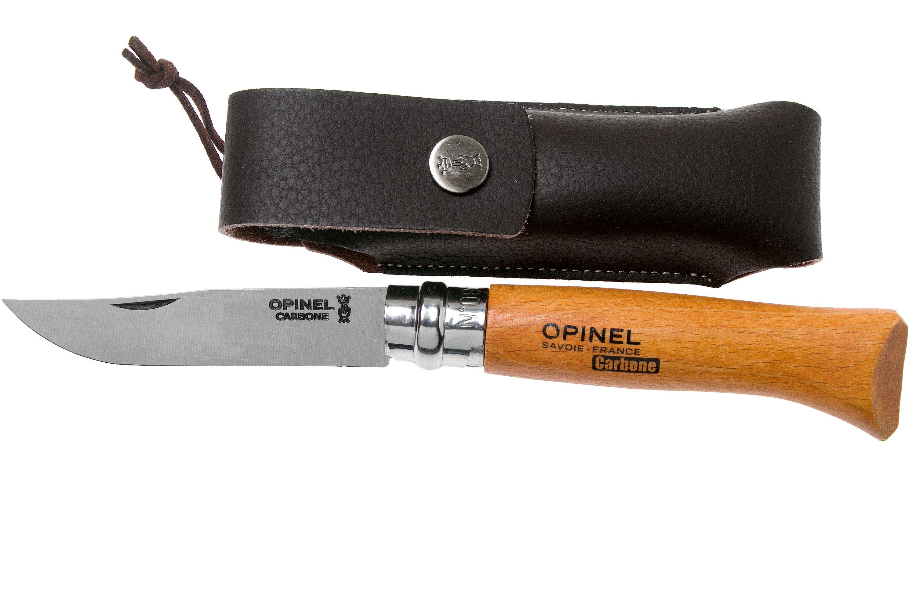 Opinel pocket knife No. 8 Luxury Range with leather sheath, carbon steel