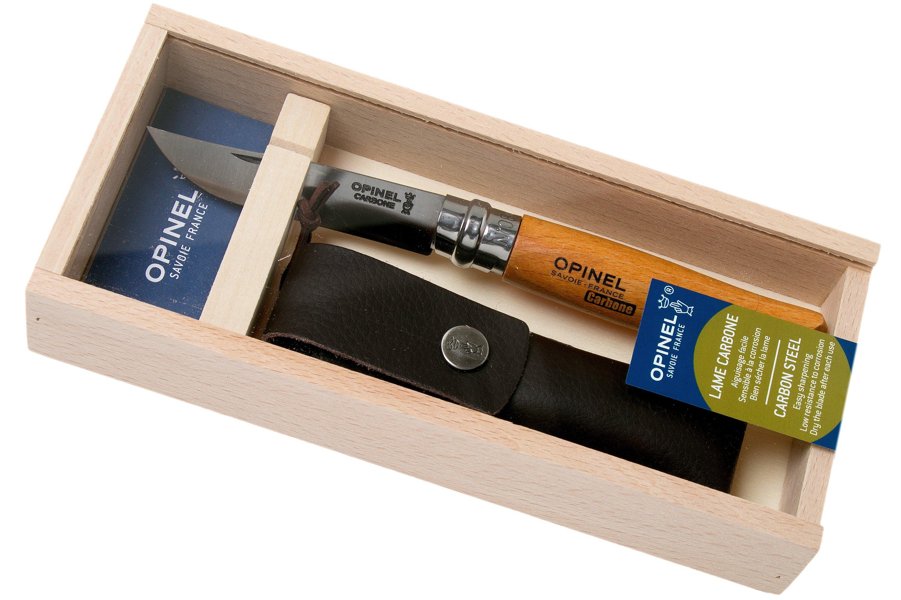 Opinel pocket knife No. 8 Luxury Range with leather sheath, carbon