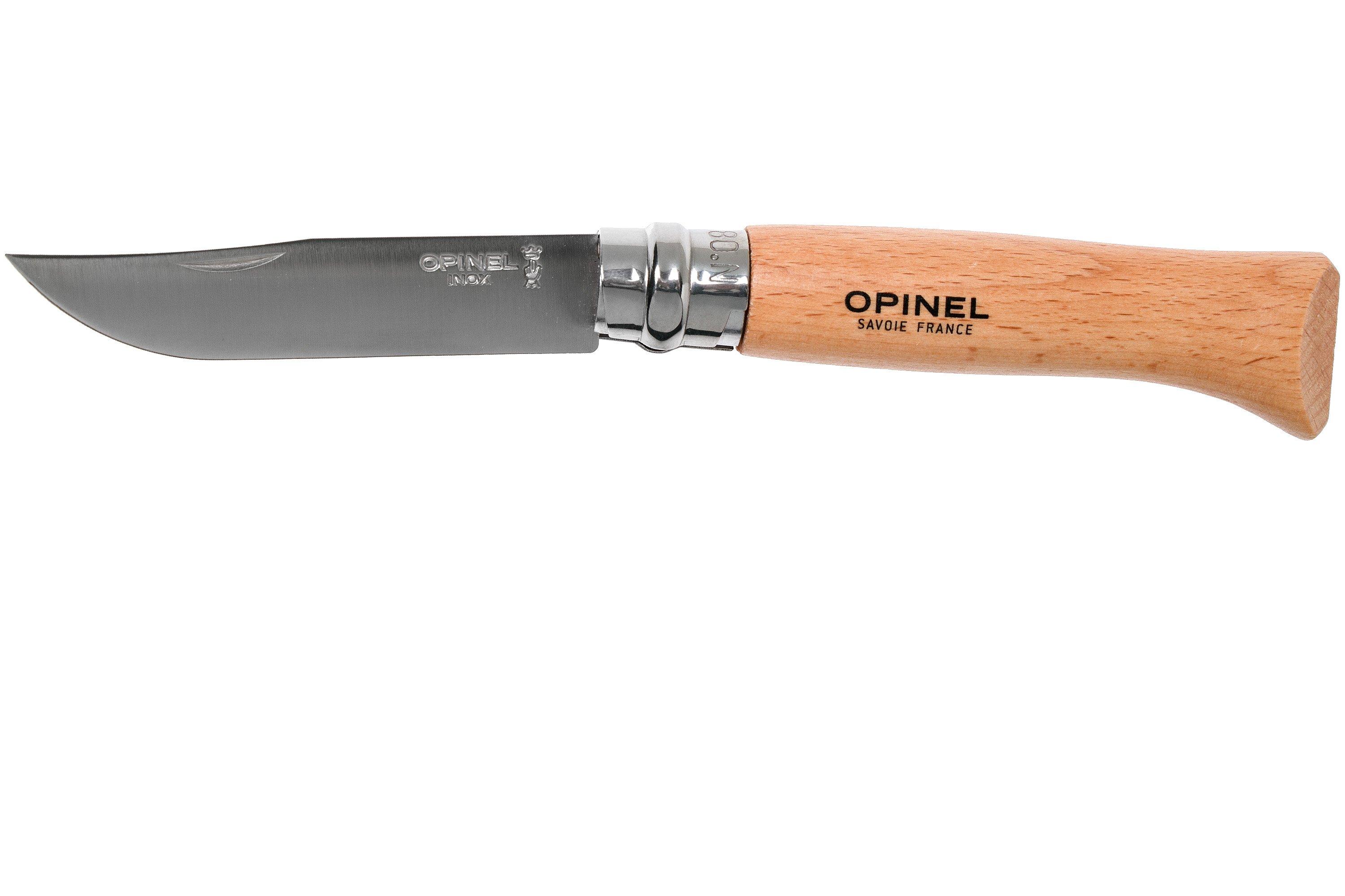 Opinel coltello da tasca No. 8 Classic, acciaio inox, fodero in pelle,  faggio