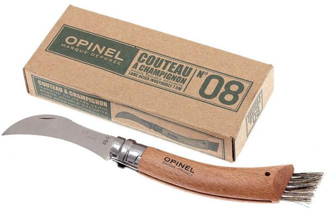 OPINEL - N°08 Champignon Manche Chêne & Étui Outdoor Brun - Couteau OPINEL  Brosse Poil de Sanglier - Couteau Champignons en Acier Manche Bois -  Coffret OPINEL Couteau de Poche Lame Inox