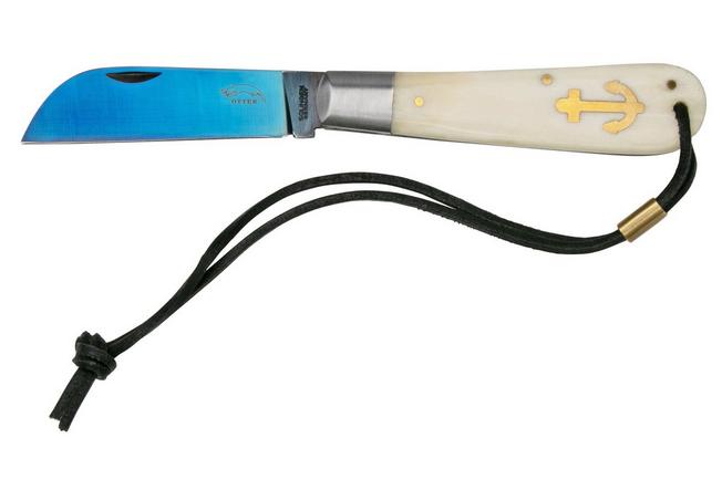 Otter Anchor Knife SET 173 KN Large Blued Carbon, Bone, Brass Anchor, Leather  Strap navaja