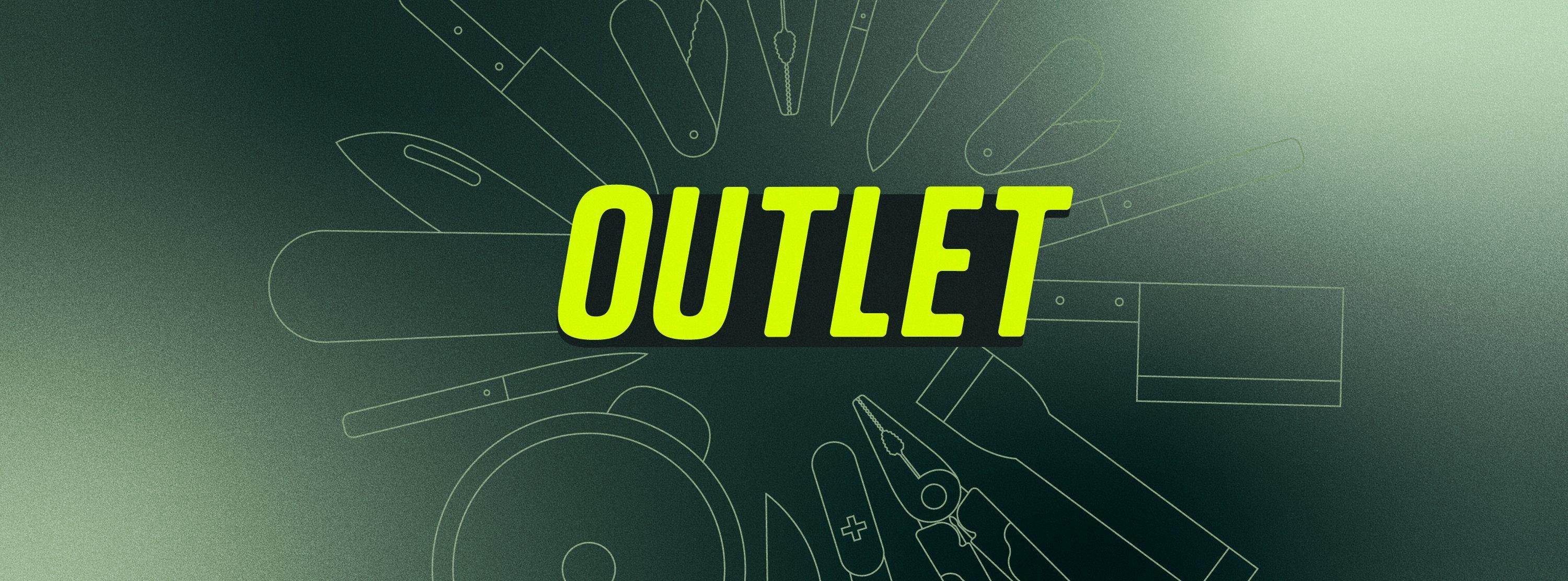 Une bannière graphique vert foncé avec le mot « outlet » écrit en vert vif. Le mot est entouré de contours de produits tels que des couteaux de poche, des lampes de poche et des outils multifonctions.
