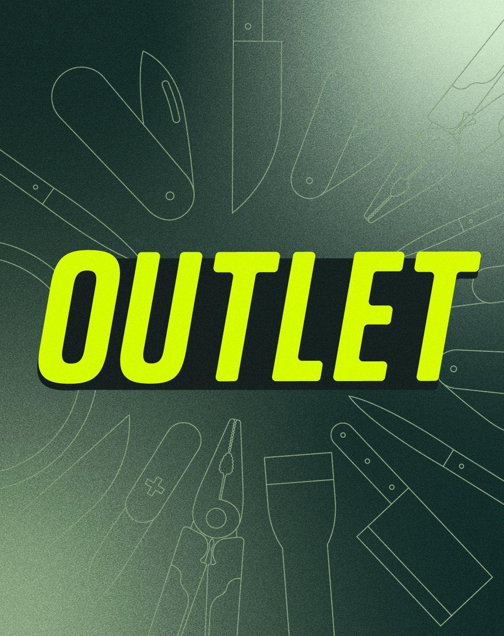 A dark green graphical banner with the word 'outlet' written in it in bright green. The word is surrounded by outlines of products like pocket knives, flashlights and multitools.