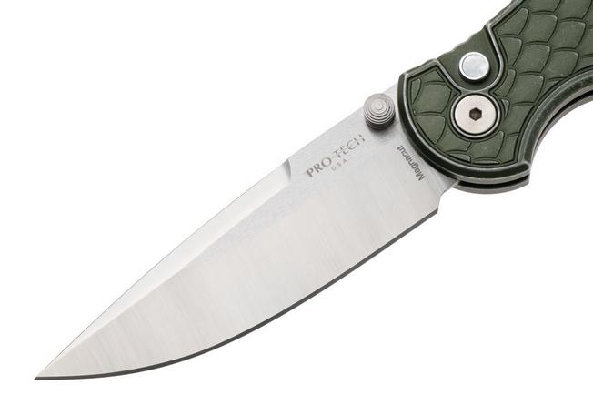 Afbeelding voor Pro-Tech TR-3 Integrity INT1105-LTD-BW-GR, Satin CPM MagnaCut, Green Battleworn Reptile Textured Aluminum, zakmes