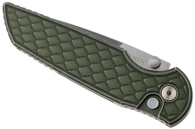 Afbeelding voor Pro-Tech TR-3 Integrity INT1105-LTD-BW-GR, Satin CPM MagnaCut, Green Battleworn Reptile Textured Aluminum, zakmes
