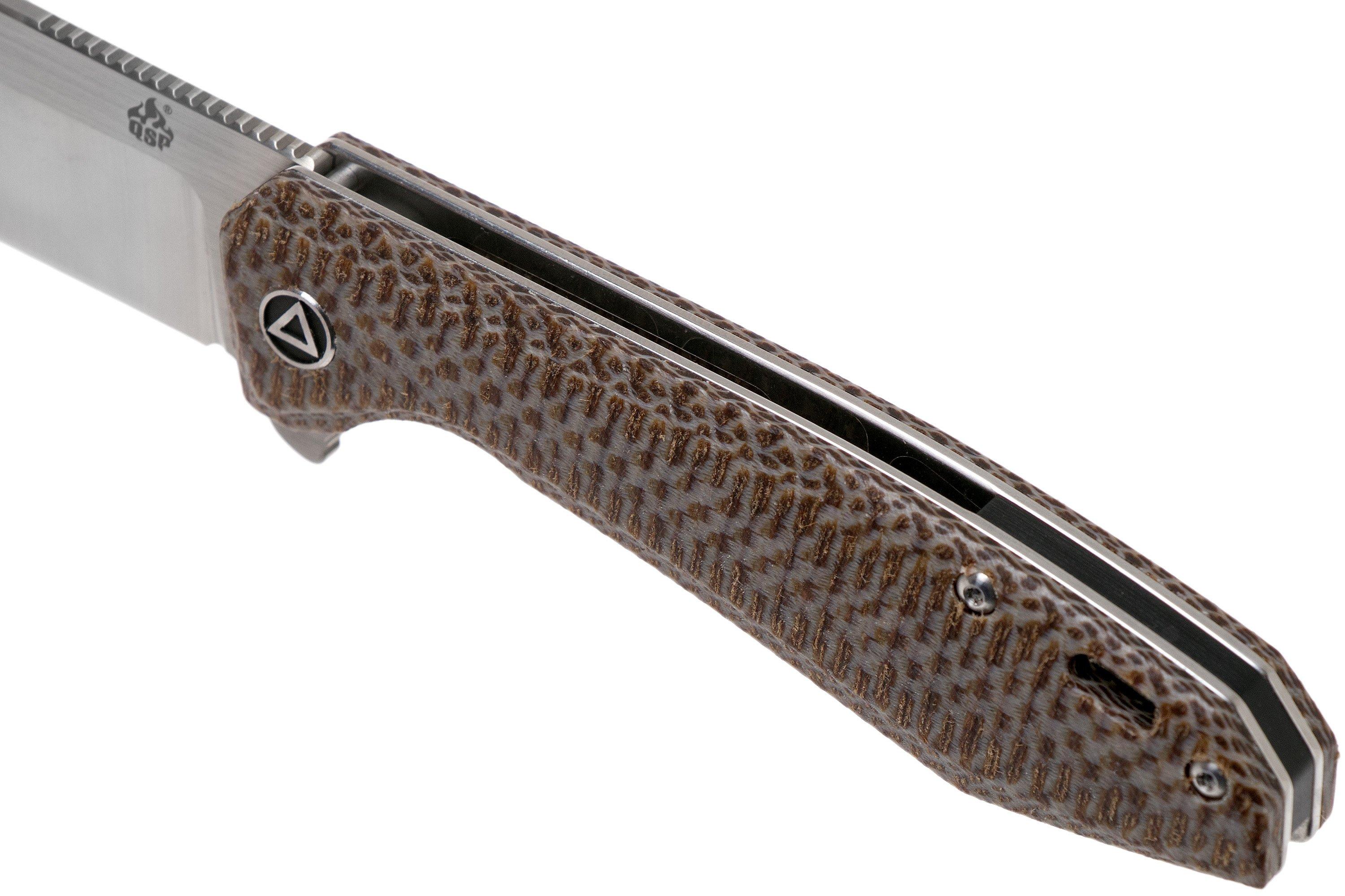 QSP Knife Pelican QS118A2 Satin, Textured Brown Micarta pocket knife