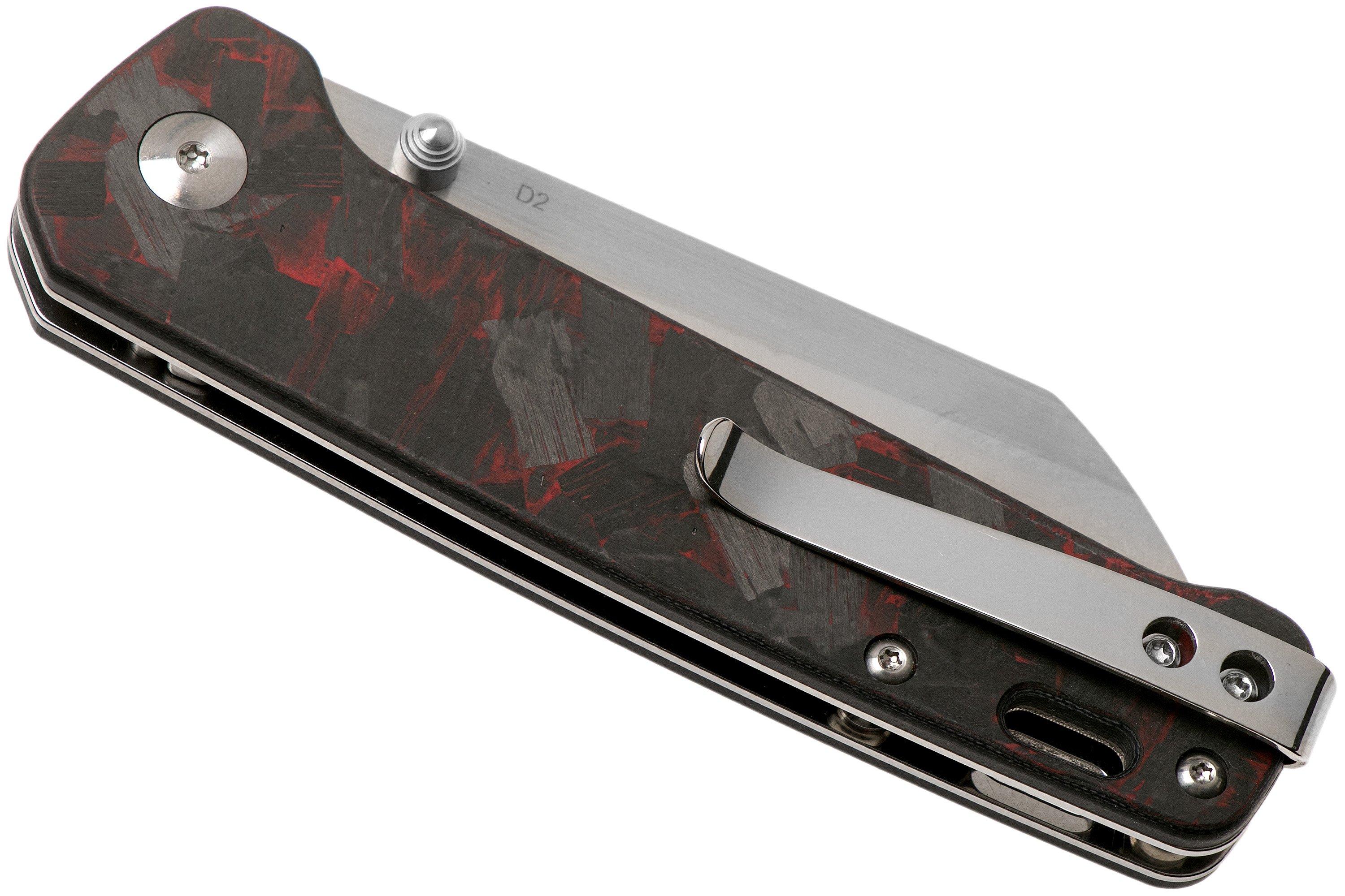 QSP Knife Penguin QS130TRD Red Shredded Carbon fibre G10, Satin