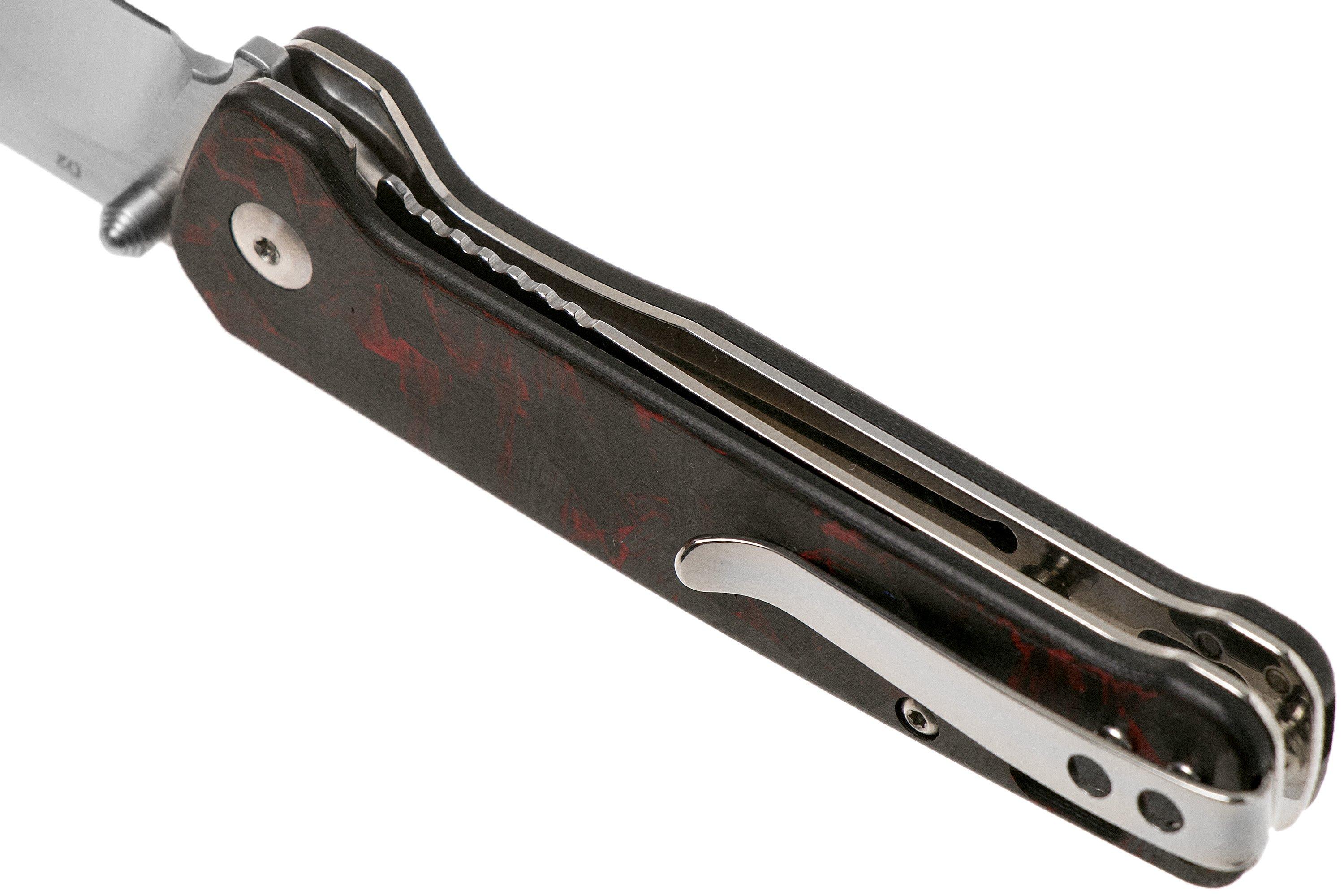 QSP Knife Penguin QS130TRD Red Shredded Carbon fibre G10, Satin