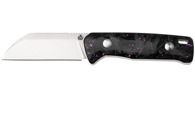 Afbeelding voor QSP Knife Baby Penguin QS130BP-E1 Stonewashed Satin 14C28N Purple Shredded Carbon Fiber, vaststaand mes