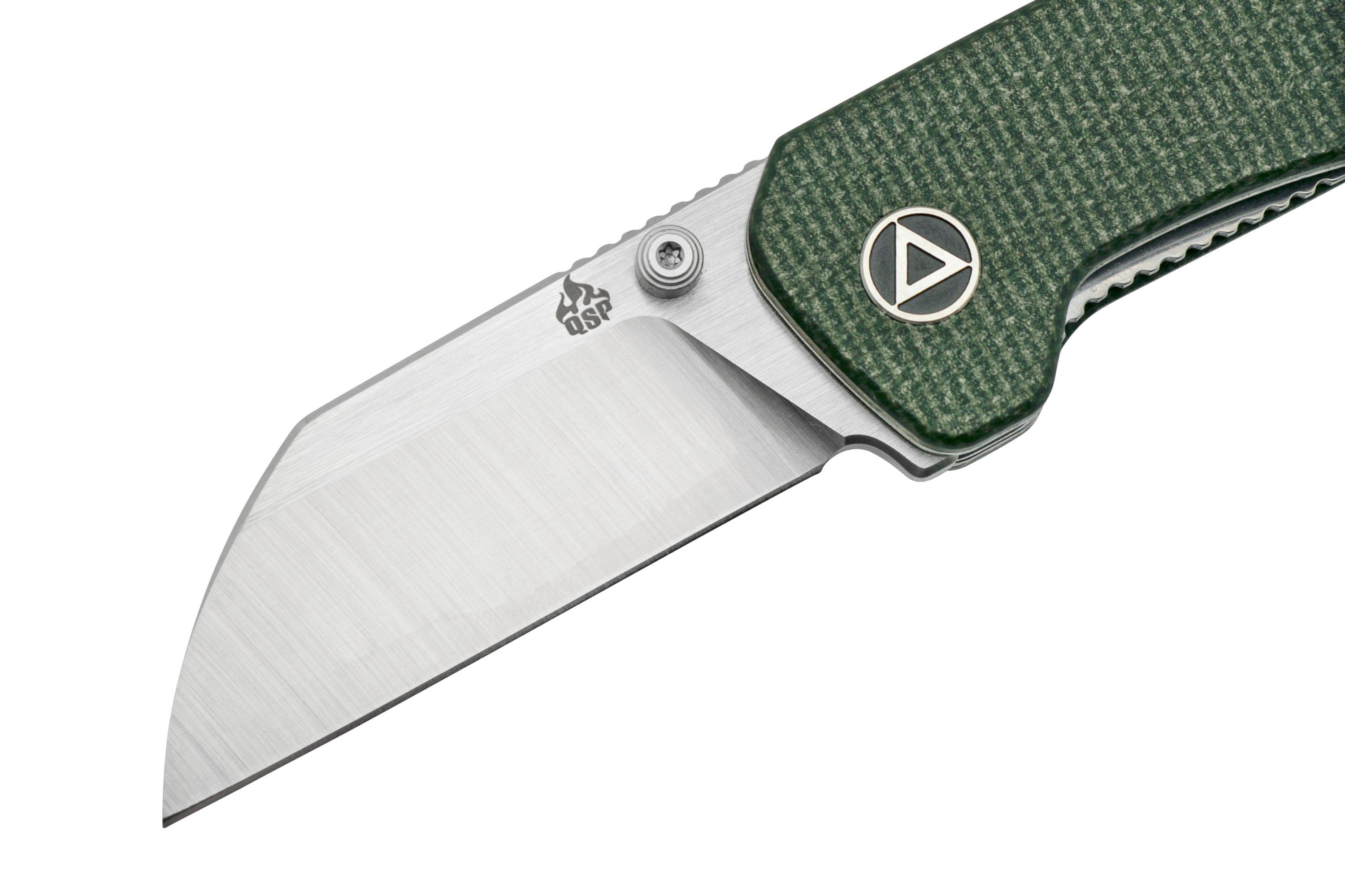 QSP Knife Penguin Mini QS130XSC, Satin 14C28N, Green Micarta pocket
