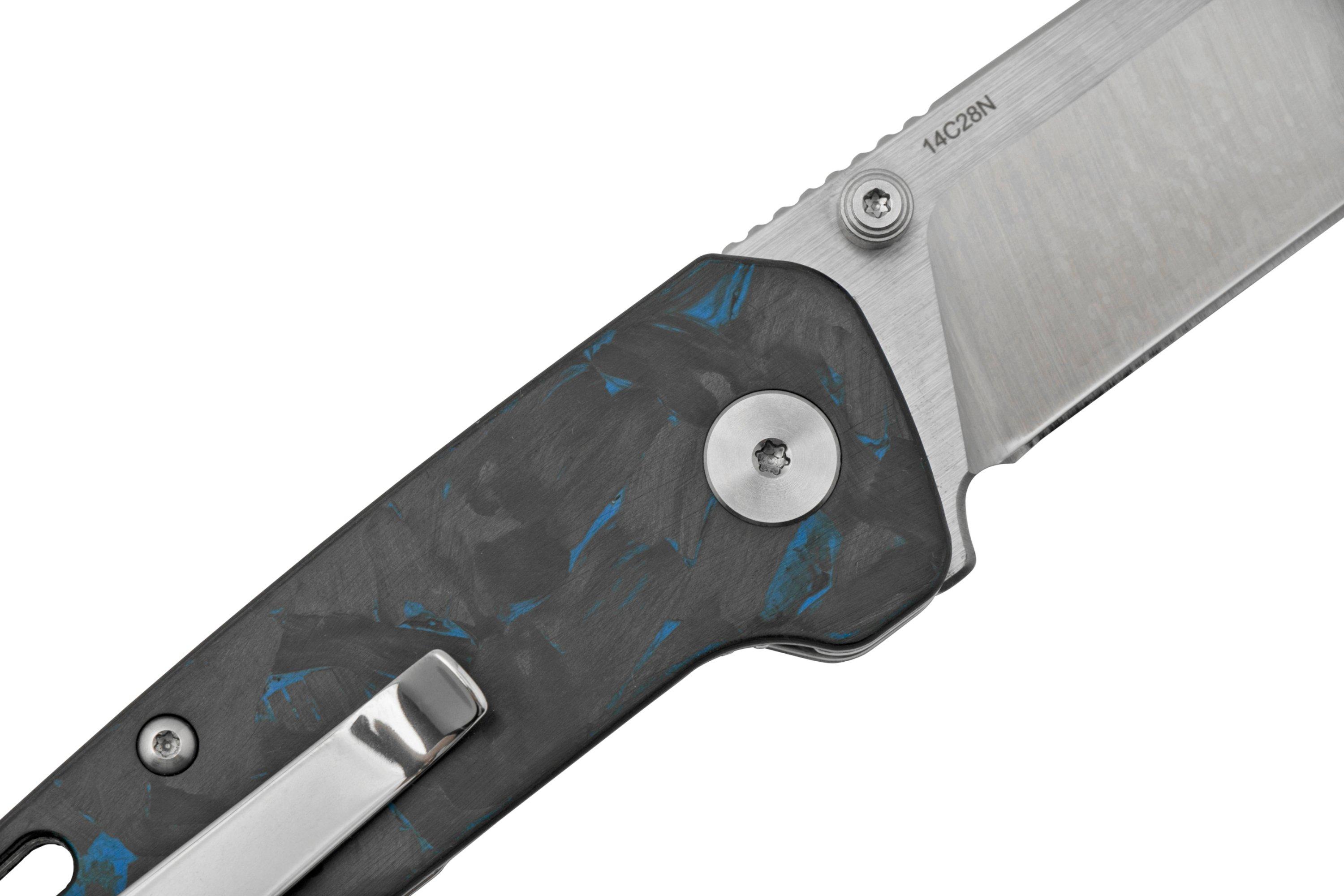 QSP Knife Penguin Mini QS130XSD1, Satin 14C28N, Blue Shredded Carbon