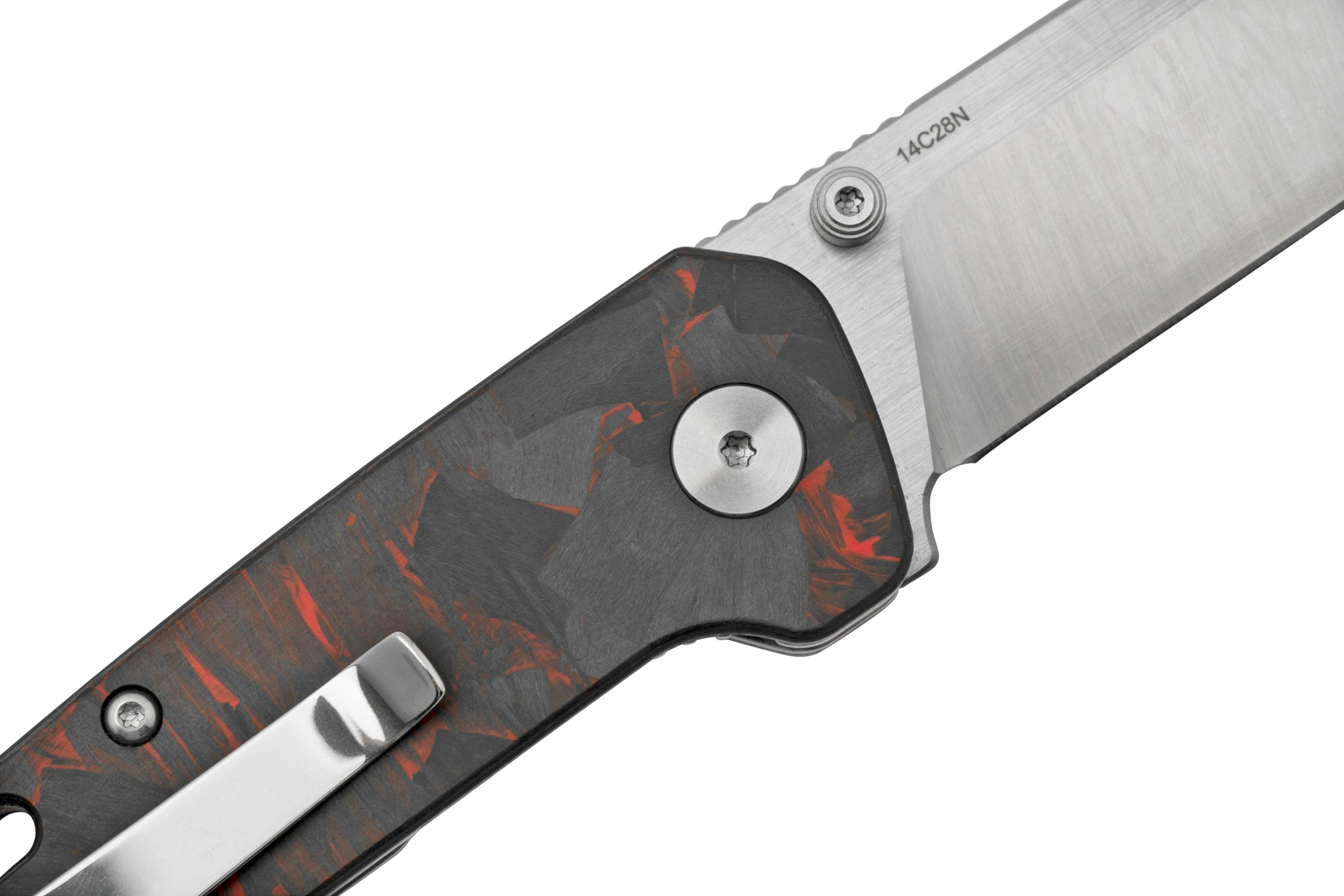 QSP Knife Penguin Mini QS130XSE1, Satin 14C28N, Red Shredded Carbon