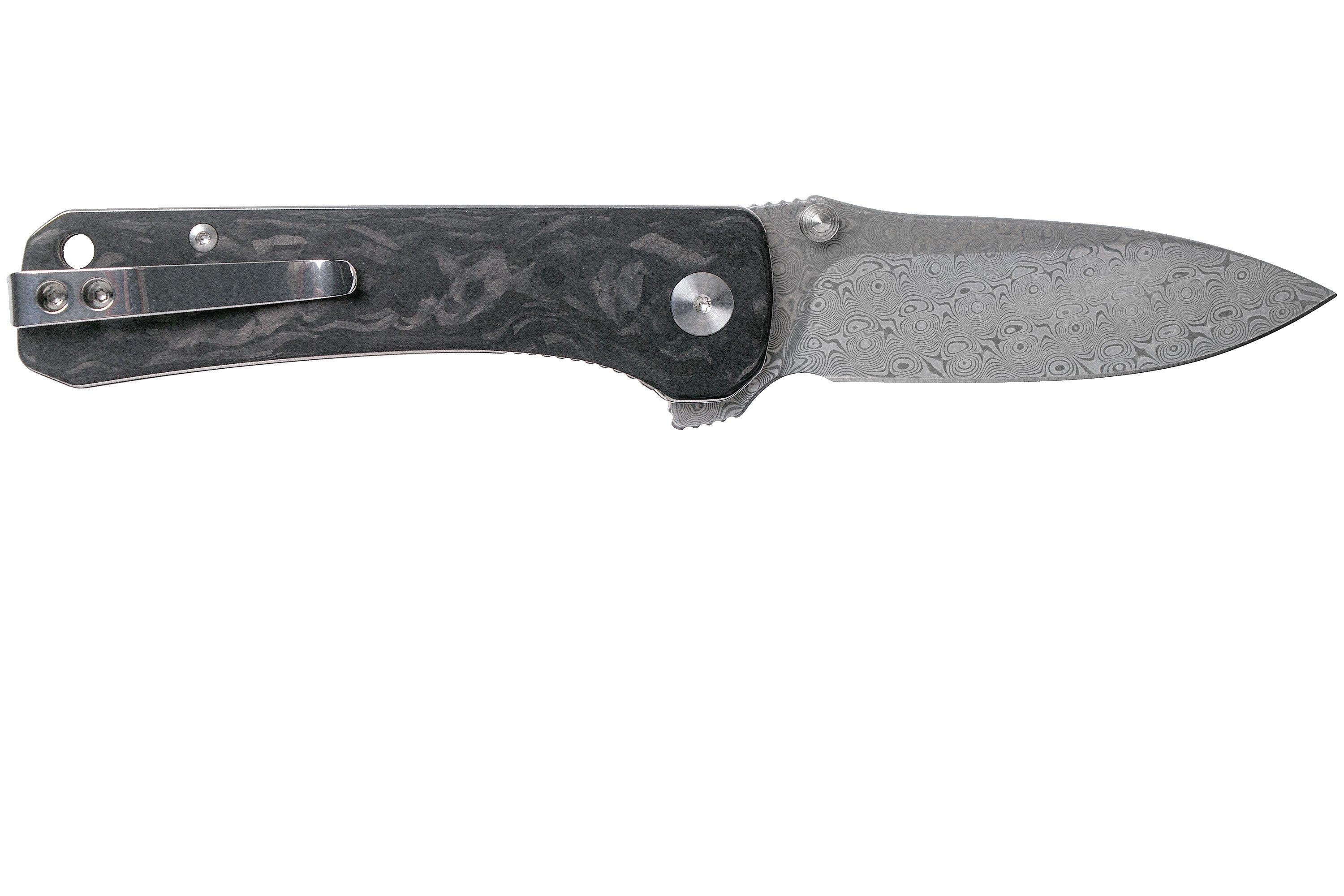QSP Knife Hawk QS131E Shredded Carbon fibre, Damascus pocket knife