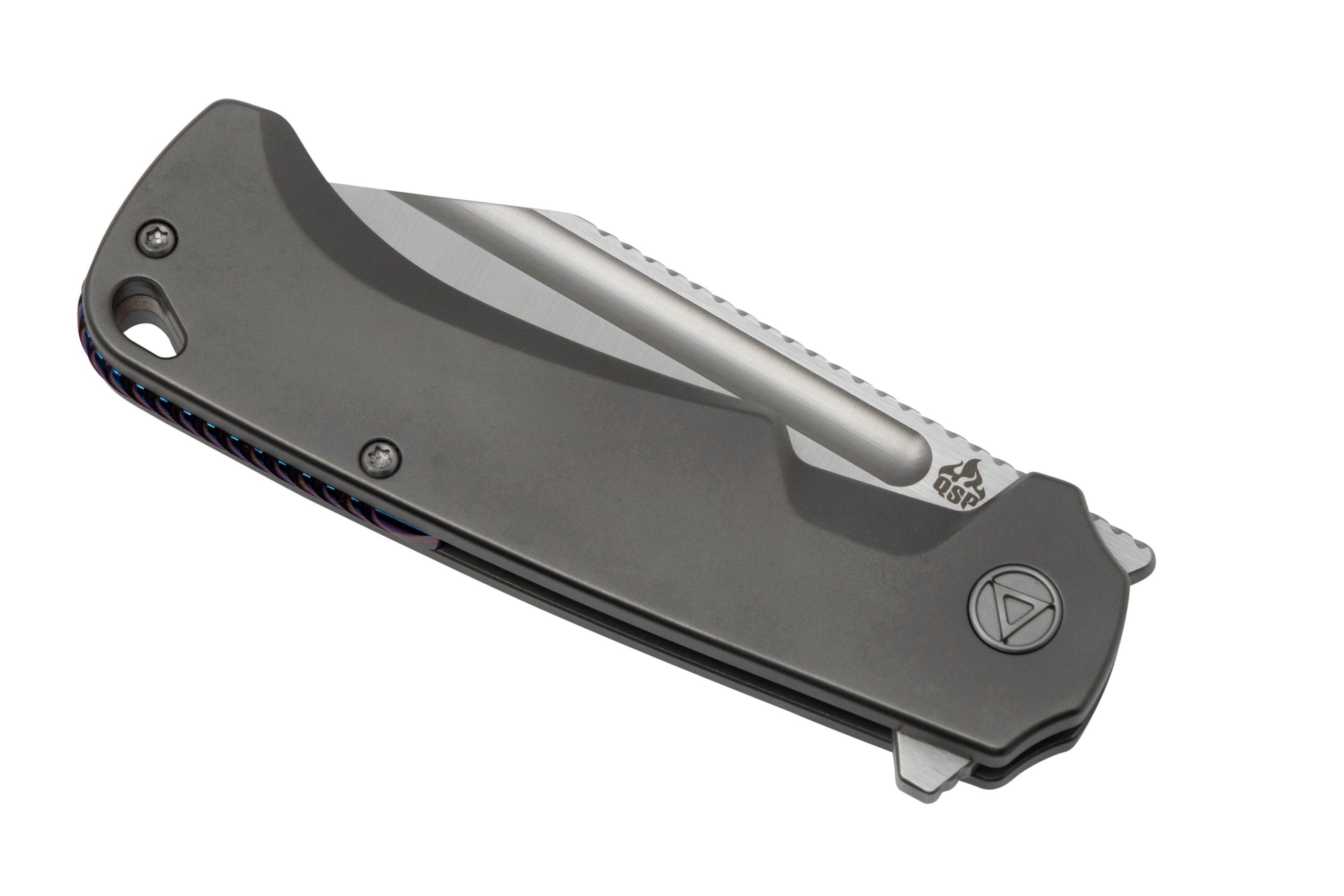 QSP Rhino Frame Lock Folding Knife Blue Titanium Handle M390 Compound Plain  Edge QS143-I