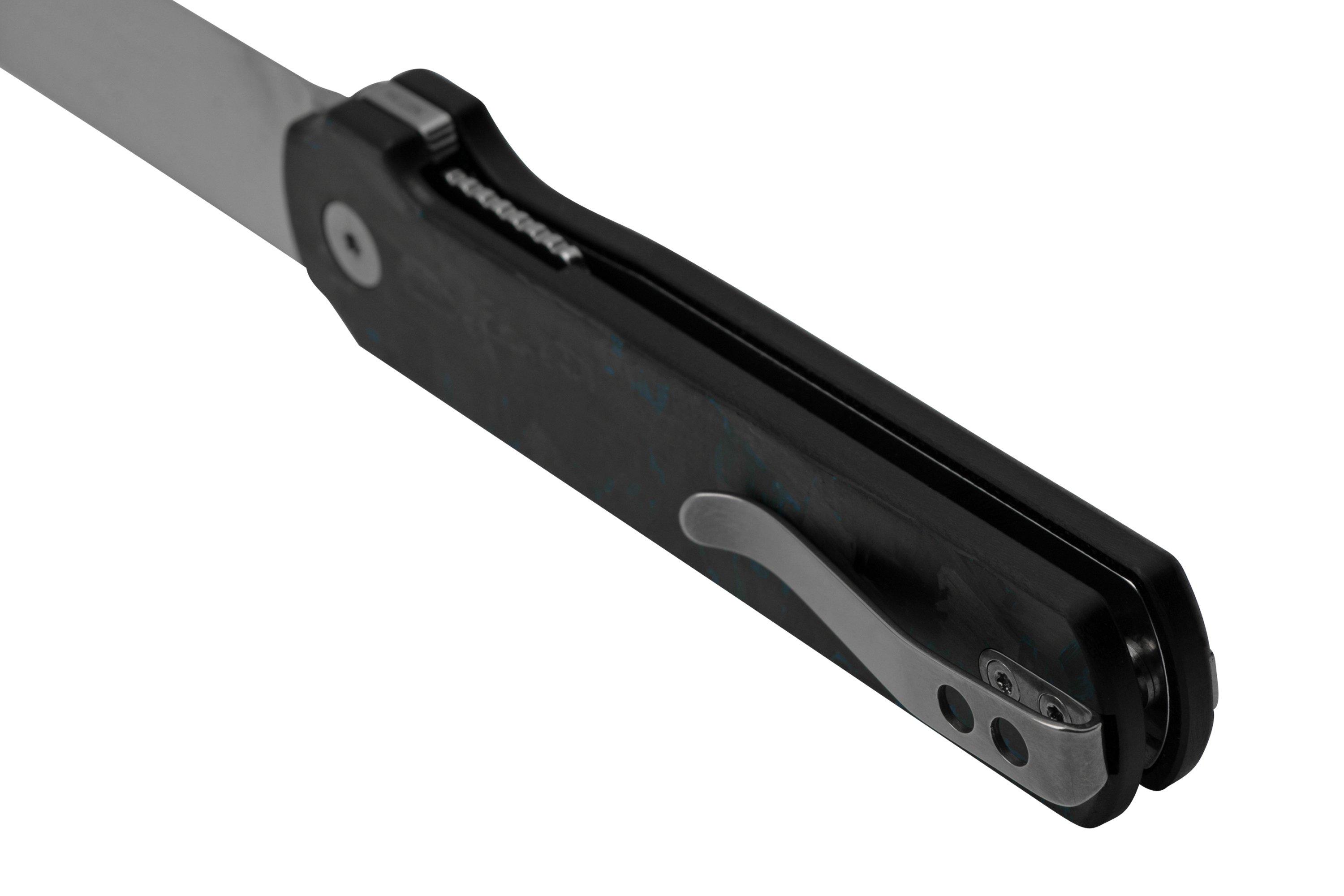 QSP Knife Lark QS144E, Shredded CF Overlay Blue G10, Satin 14C28N