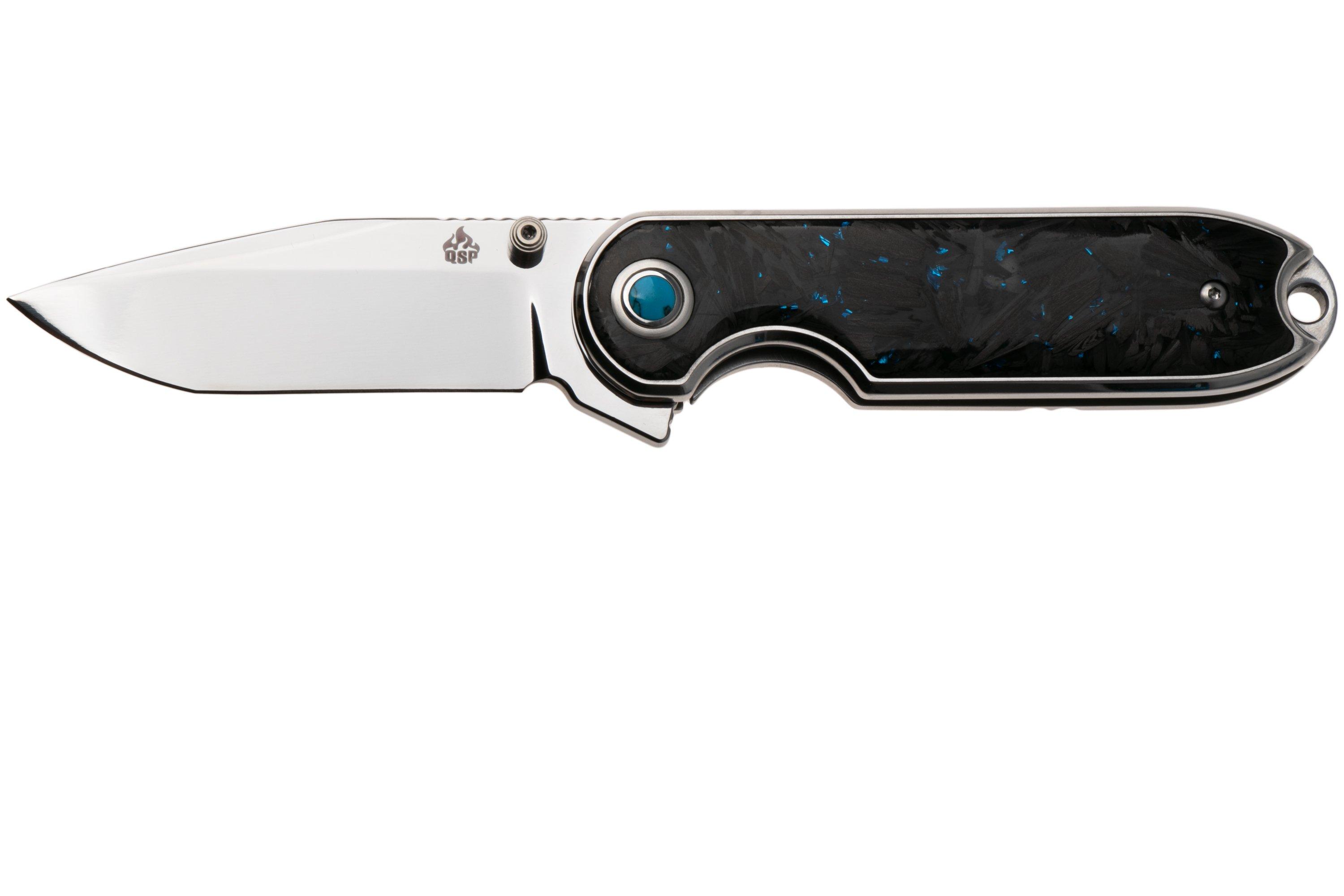 QSP Knife Nebula QS168-C Mirror Polish 14C28N Blue Shredded Carbon ...