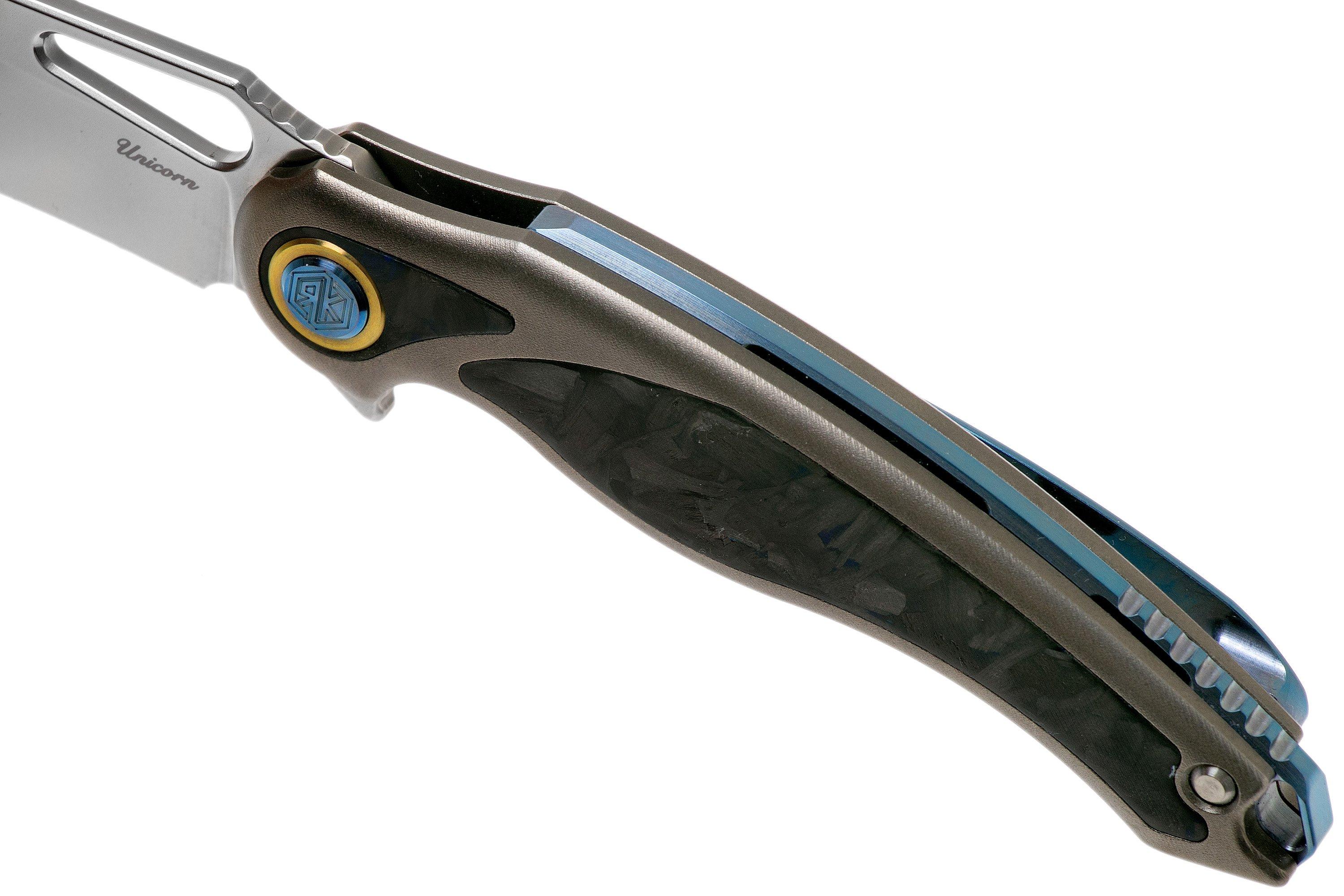 Rike Knife Unicorn Blue Carbon Fibre pocket knife Advantageously