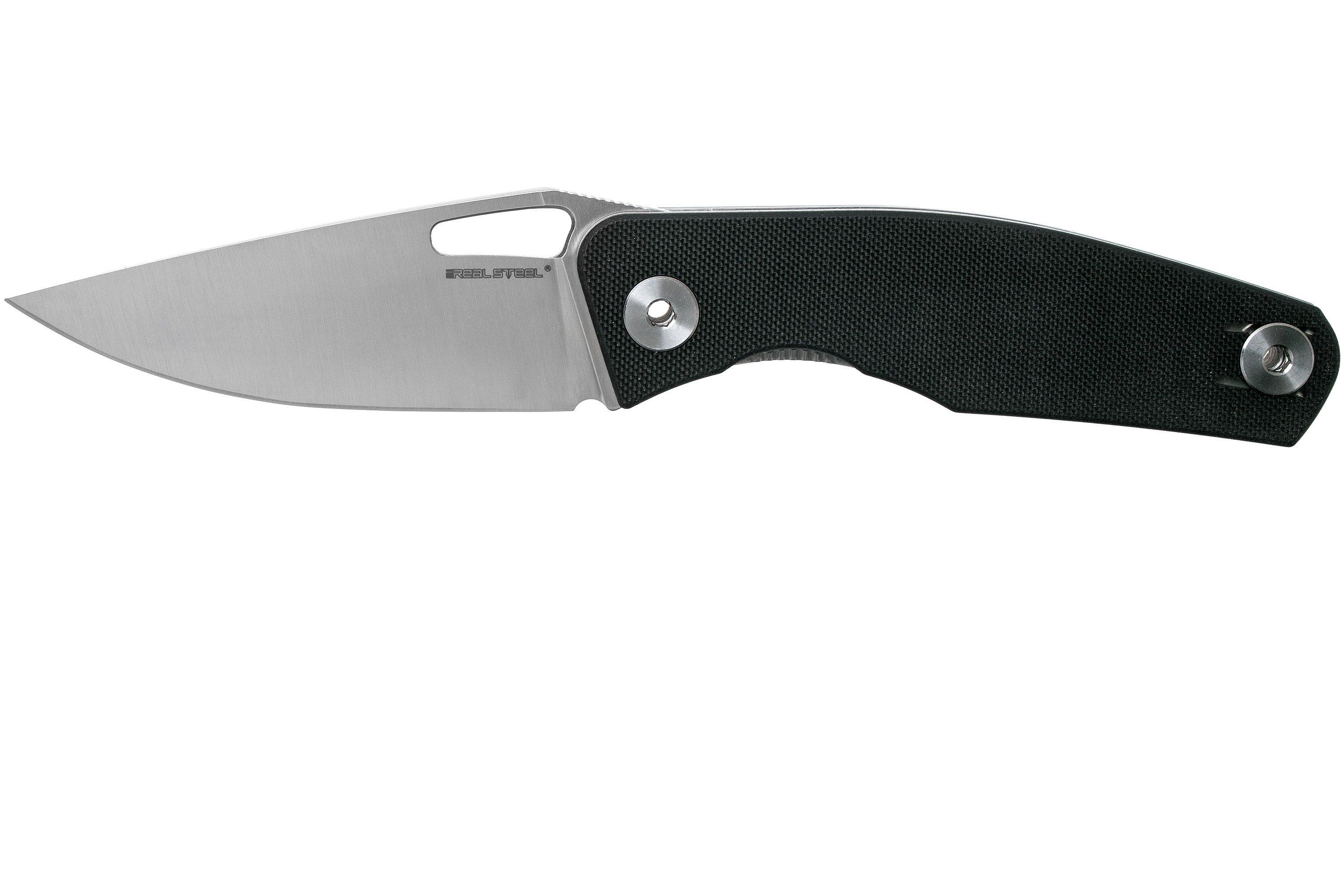 Real Steel Knives Terra Folding Knife 3.58 14C28N Satin Drop Blade, Black  G10 Handles - KnifeCenter - 7451