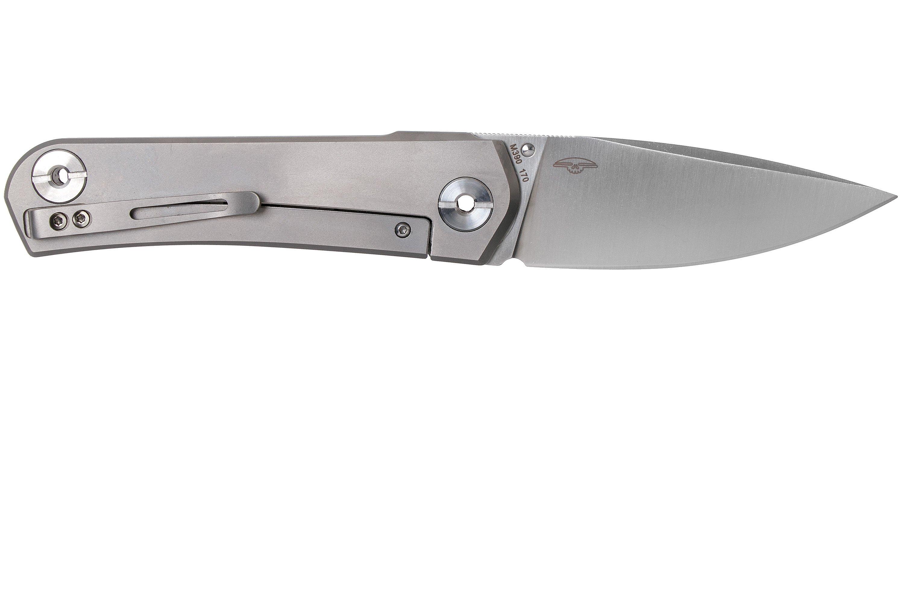 Real Steel Knives Phasma Folding Knife 3.3 M390 Satin Plain Blade with  Thumb Stud, Bead-Blasted Titanium Handles - KnifeCenter - 9225
