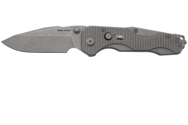 Afbeelding voor Real Steel Evolution 9911 Frame Lock & Button Unlocking Heavy Duty Tactical Knife, Stonewashed Drop Point S35VN, Titanium, zakmes