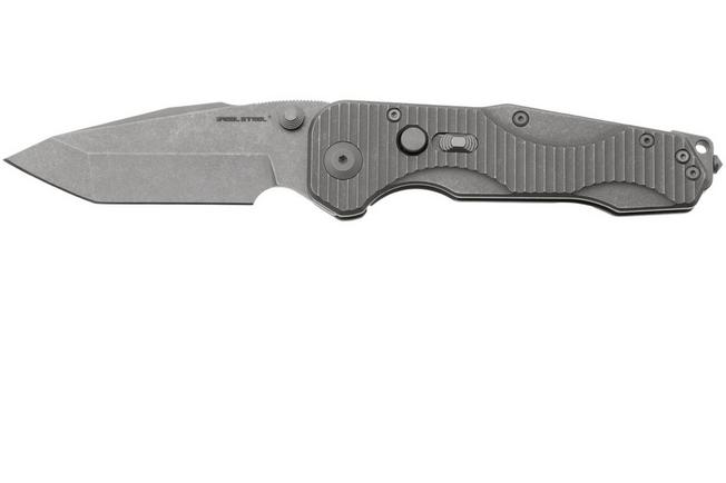 Afbeelding voor Real Steel Evolution 9912 Frame Lock & Button Unlocking Heavy Duty Tactical Knife, Stonewashed Tanto S35VN, Titanium, zakmes