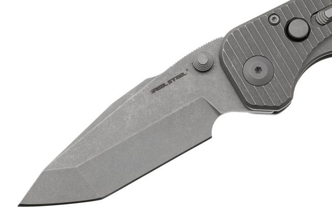 Afbeelding voor Real Steel Evolution 9912 Frame Lock & Button Unlocking Heavy Duty Tactical Knife, Stonewashed Tanto S35VN, Titanium, zakmes