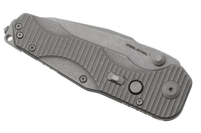 Afbeelding voor Real Steel Evolution 9912 Frame Lock & Button Unlocking Heavy Duty Tactical Knife, Stonewashed Tanto S35VN, Titanium, zakmes