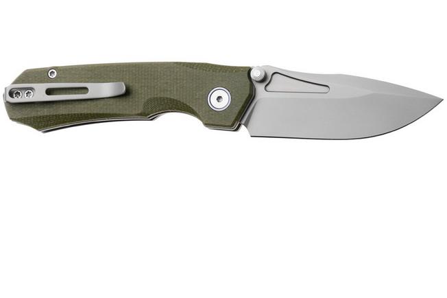 Afbeelding voor Remette Rhino Button Liner Lock MC25A Beadblasted 14C28N, Green Micarta, zakmes