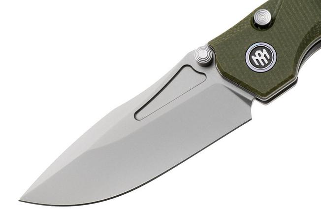 Afbeelding voor Remette Rhino Button Liner Lock MC25A Beadblasted 14C28N, Green Micarta, zakmes