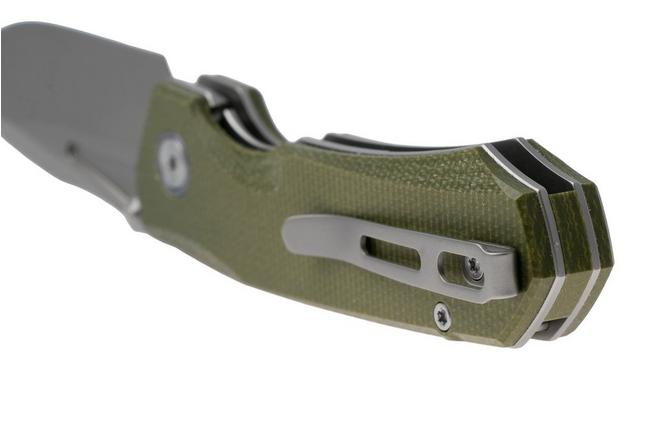 Afbeelding voor Remette Rhino Button Liner Lock MC25A Beadblasted 14C28N, Green Micarta, zakmes