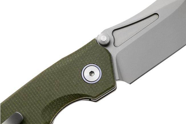 Afbeelding voor Remette Rhino Button Liner Lock MC25A Beadblasted 14C28N, Green Micarta, zakmes