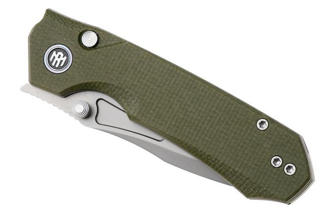 Afbeelding voor Remette Rhino Button Liner Lock MC25A Beadblasted 14C28N, Green Micarta, zakmes