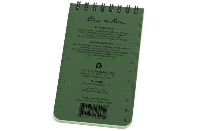 Afbeelding voor Rite in the Rain Top Spiral Bilingual Notebook Green 935BL, 3" x 5", Green, notitieboekje
