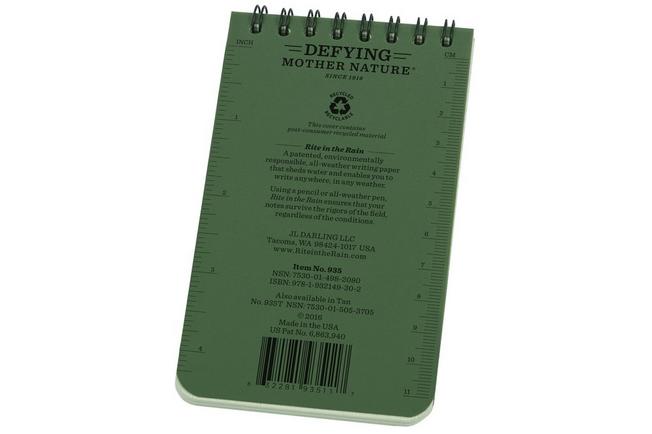 Afbeelding voor Rite in the Rain Top Spiral Notebook 935, 3" x 5", Green, notitieboekje