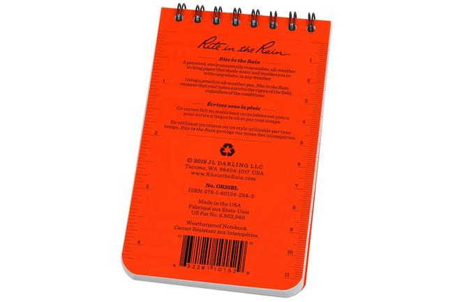Afbeelding voor Rite in the Rain Top Spiral Bilingual Notebook OR35BL, 3" x 5", Orange, notitieboekje