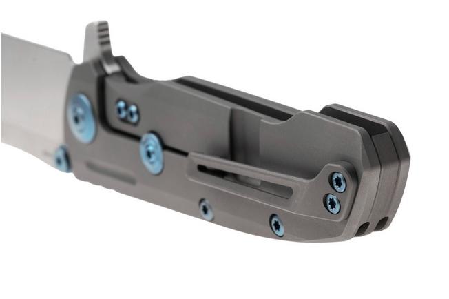 Afbeelding voor Reate District 9 V2, 9DV2-BE-SAT-TI-BLU, Satin 154CM, Bead Blasted Titanium, Blue Hardware zakmes