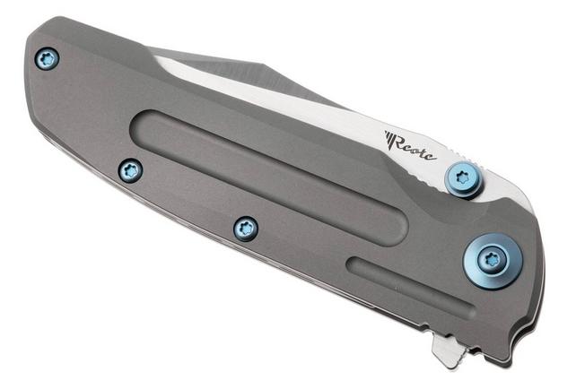 Afbeelding voor Reate District 9 V2, 9DV2-BE-SAT-TI-BLU, Satin 154CM, Bead Blasted Titanium, Blue Hardware zakmes