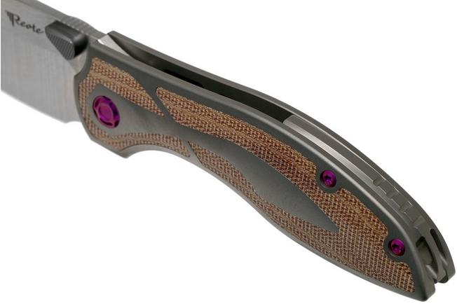 Image for Reate Iron Thumbstuds Brown Micarta, Purple Screws pocket knife