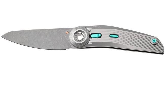 Afbeelding voor Reate VK-TRON-TI-GRY, Stonewashed M390, Bead Blasted Titanium, Crystalized Titanium Hardware zakmes, Vulpex Knives design