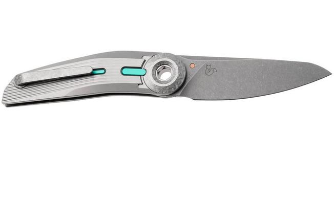 Afbeelding voor Reate VK-TRON-TI-GRY, Stonewashed M390, Bead Blasted Titanium, Crystalized Titanium Hardware zakmes, Vulpex Knives design