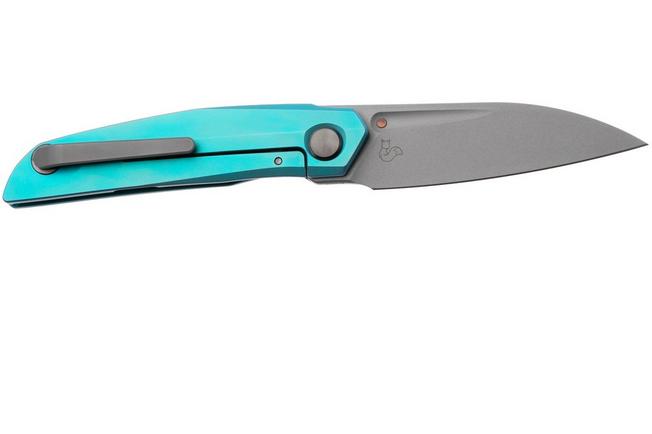 Afbeelding voor Reate VK-ANUB-TI-BC, Darkwashed Elmax, Blue Cyan Titanium zakmes, Vulpex Knives design
