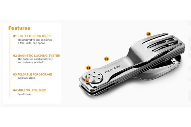 Afbeelding voor Roxon 3-in-1 Folding Cutlery Travel Set C1S Stainless Steel, outdoorbestek