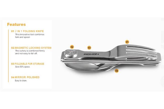 Afbeelding voor Roxon 2-in-1 Folding Camp Cutlery Set Spoon & Fork C2 Stainless Steel, outdoorbestek