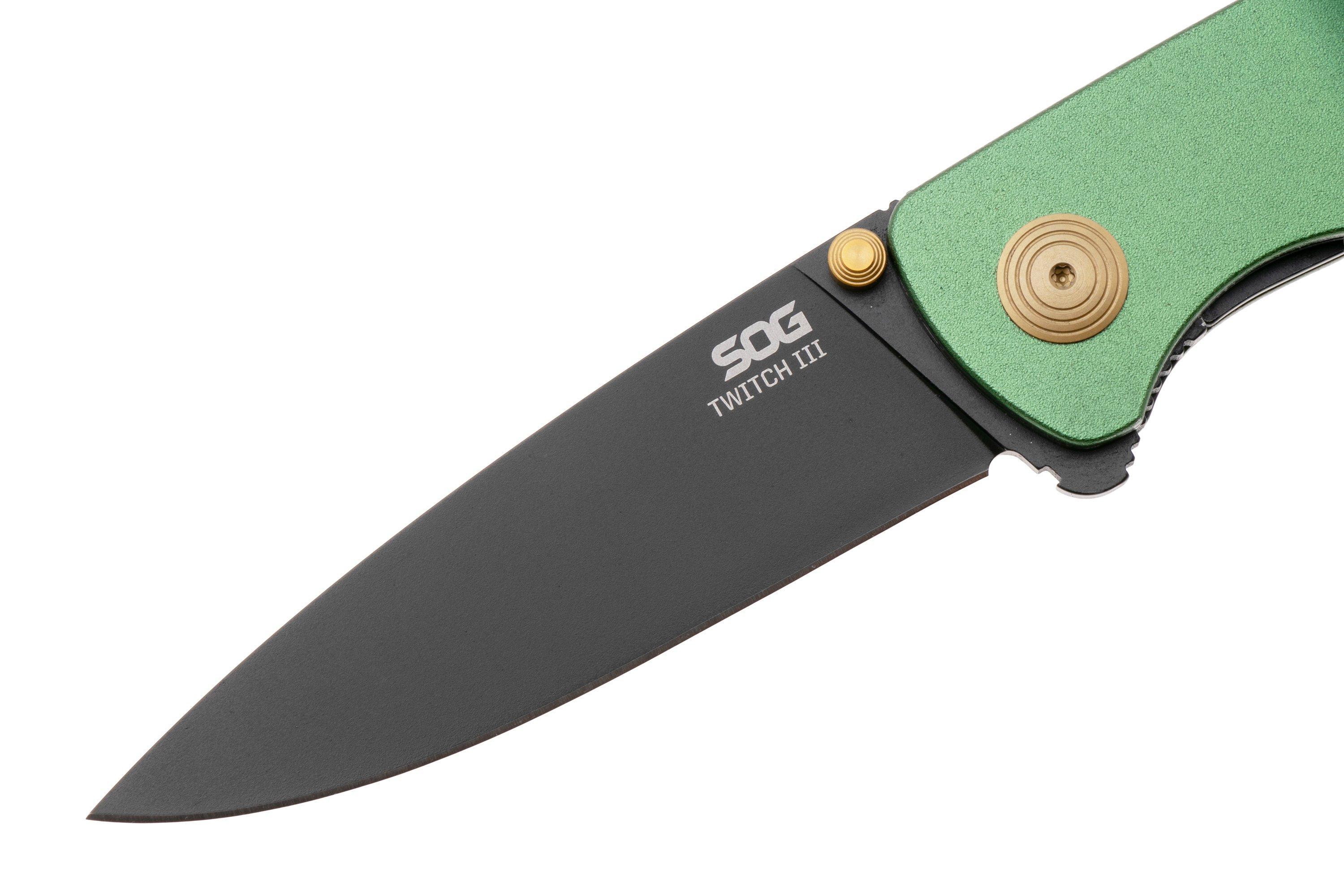 SOG Twitch III 11-15-04-43, Black 154CM, Forest Green Aluminum, Gold ...