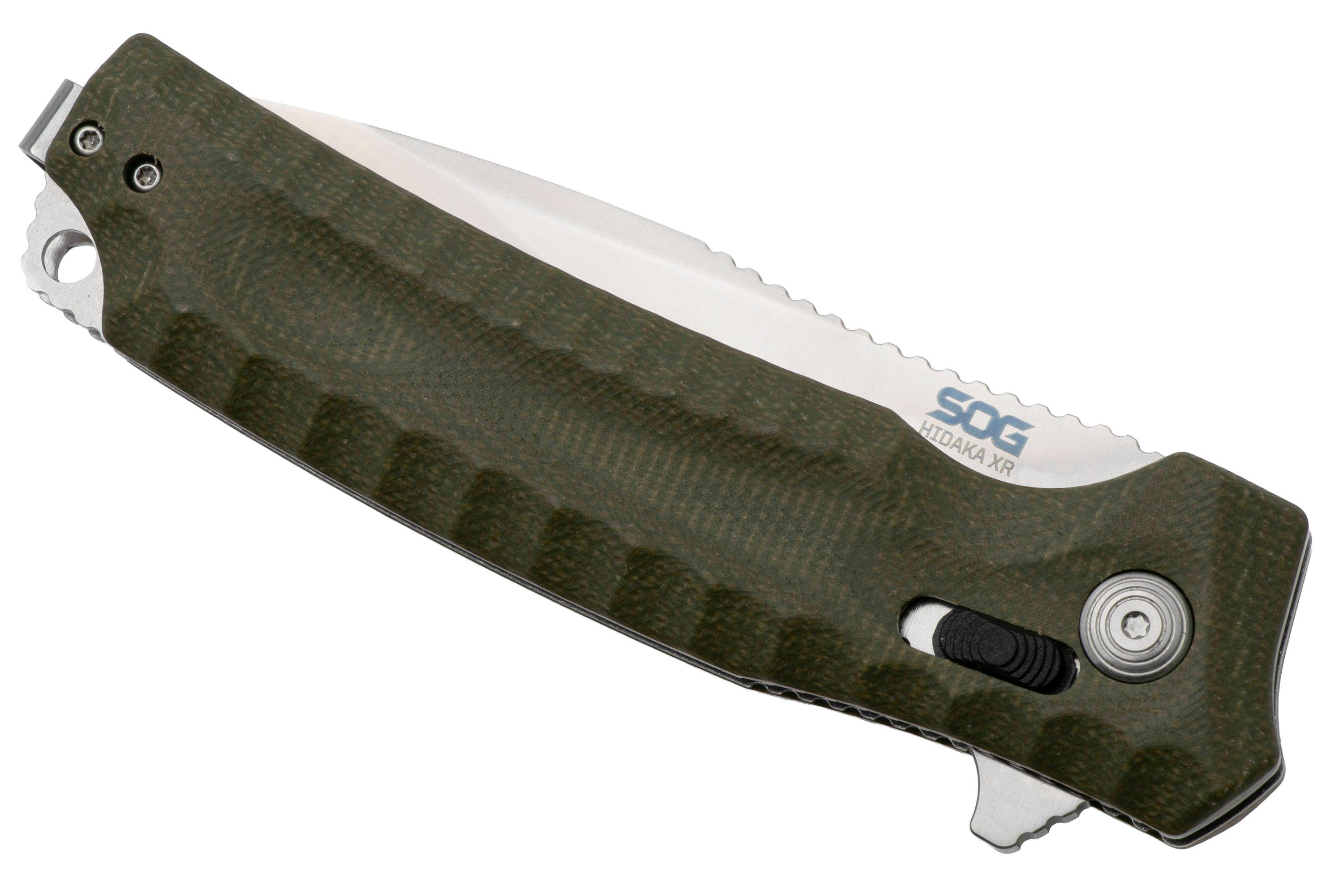 SOG Hidaka XR 12-27-09-57 Satin Cryo 3V, Green Micarta, pocket