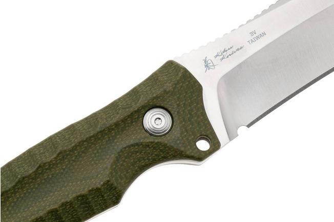 Bild für SOG Hidaka FX 17-27-01-57 Satin CPM 3V, Green Micarta Fahrtenmesser, Kiku Matsuda Design