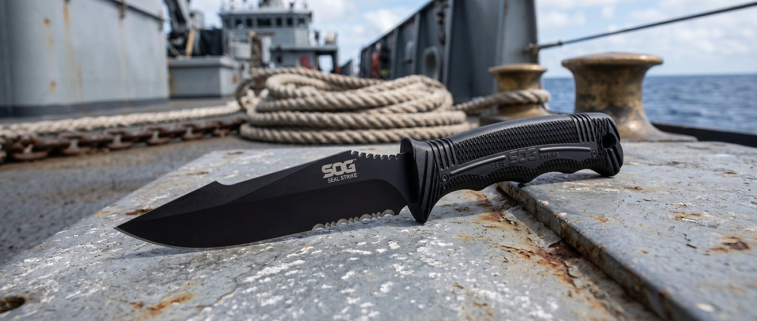 SOG Fahrtenmesser auf dem Boden eines Schiffes.